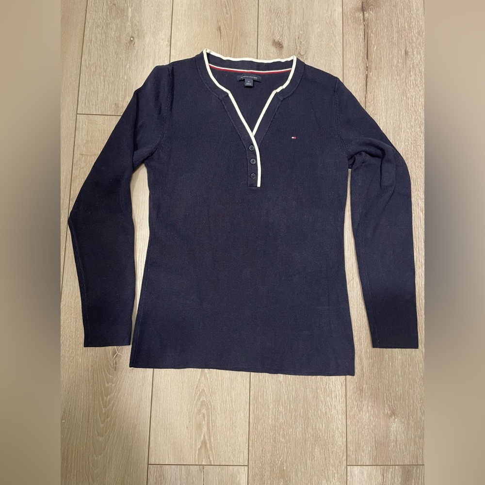 Tommy Hilfiger Navy Blue Long‎ Sleeve V-Neck Cotton Pullover Sweater M